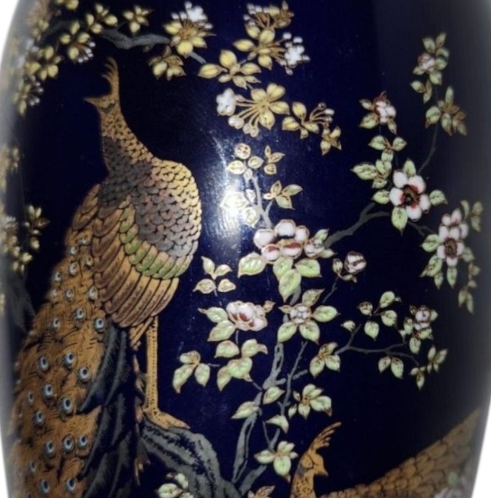 Ceramic Japanese Vintage Cobalt Blue And Gold Peony Peacock Oriental Vase